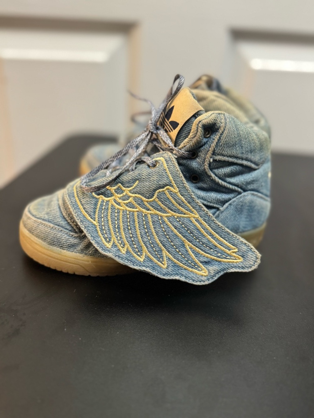 Jeremy Scott x Adidas Kids Denim High-Top Sneakers with Gold Wing Embroidery - Picture 7 of 12
